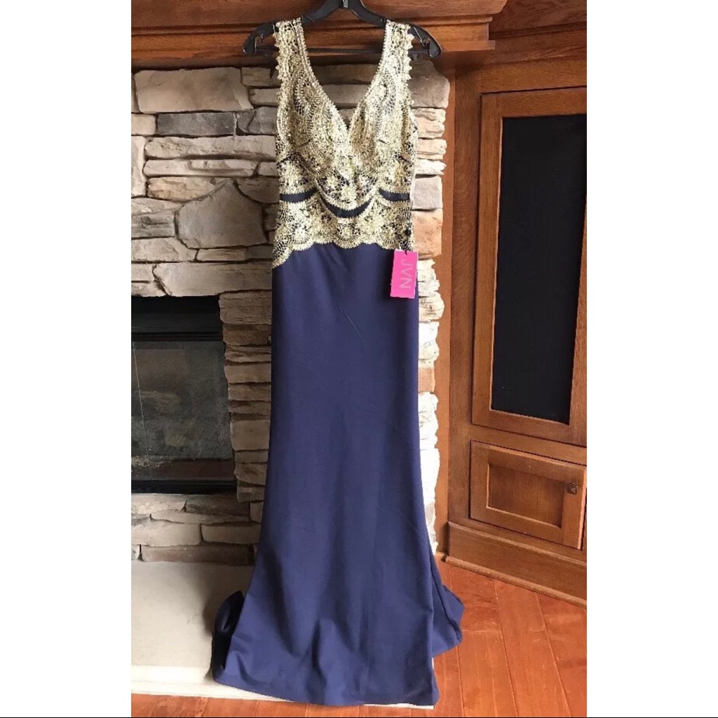 Jvn By Jovani Beaded V-Neck Long Sleeveless Dress Wedding Formal Navy Gold Sz 2